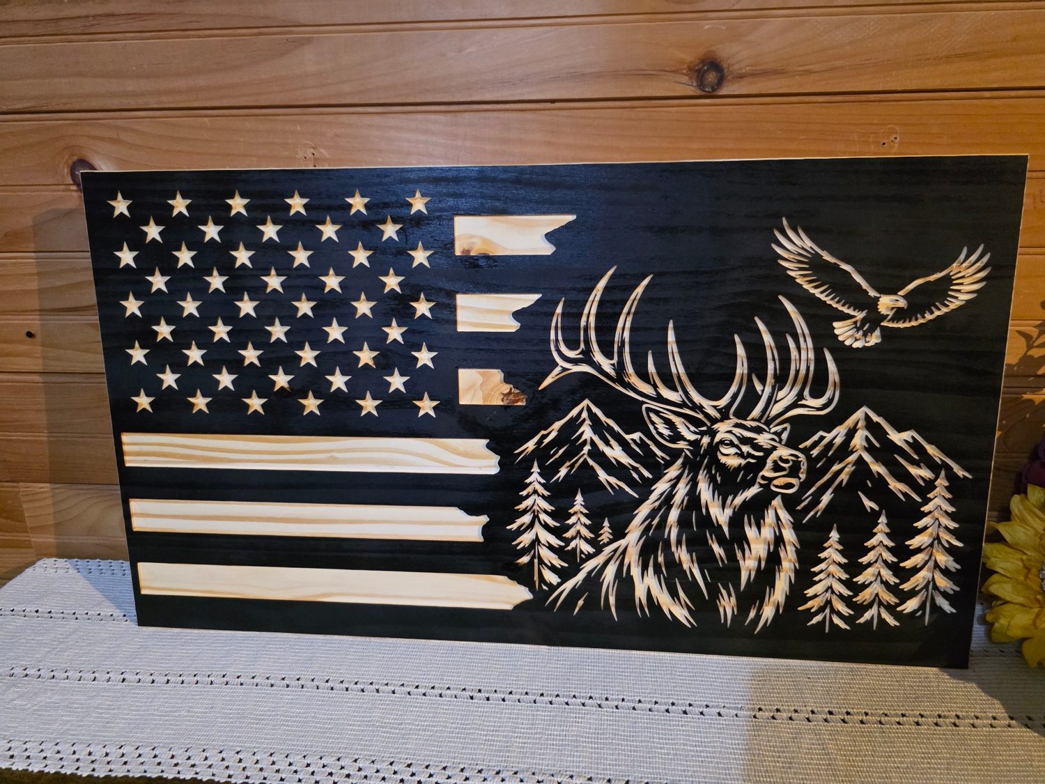 Custom carved wood flag made by JLC Designs